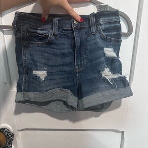 Ripped dark blue denim jean shorts from Hollister size 3 waist 26 high rise 3”